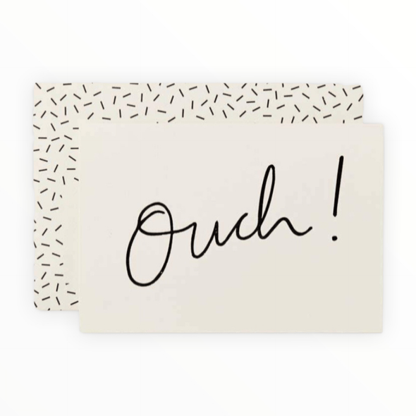 Ouch sympathy card by Katie Leamon, blank interior, confetti-patterned envelope, 4 x 6 inches