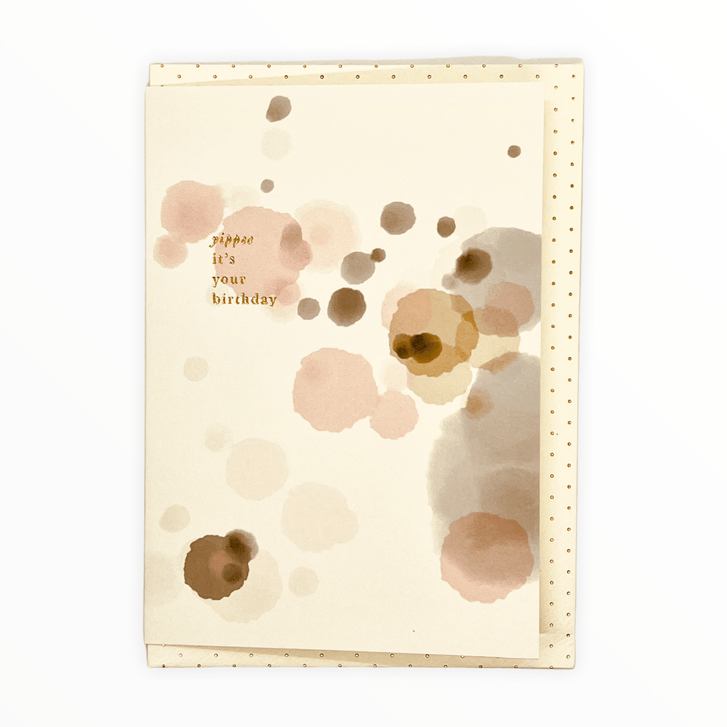 Yippee It's Your Birthday handprinted card by Katie Leamon, gold foil polka dot envelope, 4.25 x 5.5 inches, made in England