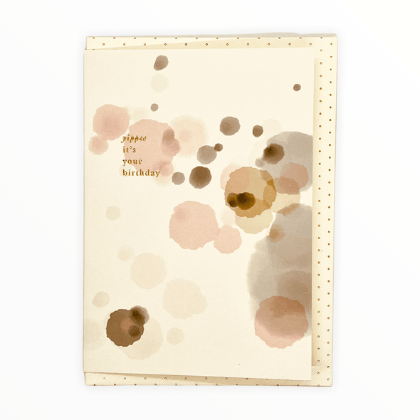 Yippee It's Your Birthday handprinted card by Katie Leamon, gold foil polka dot envelope, 4.25 x 5.5 inches, made in England
