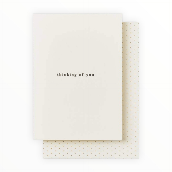Thinking of You handprinted card by Katie Leamon, gold foil polka dot envelope, made in England