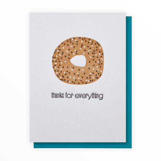 Thanks for Everything Bagel letterpress thank you card by Kiss and Punch, blank interior, teal envelope, 5.5 x 4 inches