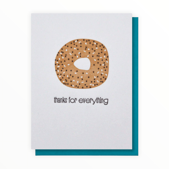Thanks for Everything Bagel letterpress thank you card by Kiss and Punch, blank interior, teal envelope, 5.5 x 4 inches