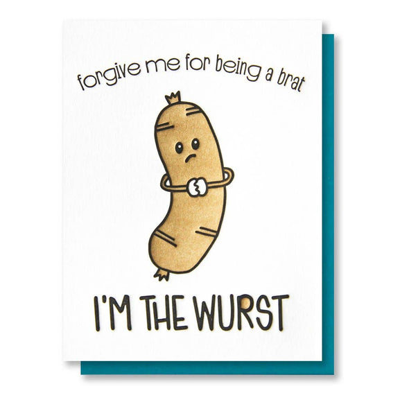 'm the Wurst apology letterpress card by Kiss and Punch, tan and black design, teal envelope, 5.5 x 4 inches