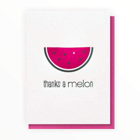 Thanks a Melon letterpress thank you card by Kiss and Punch, black and hot pink design, razzleberry envelope, 5.5 x 4 inches