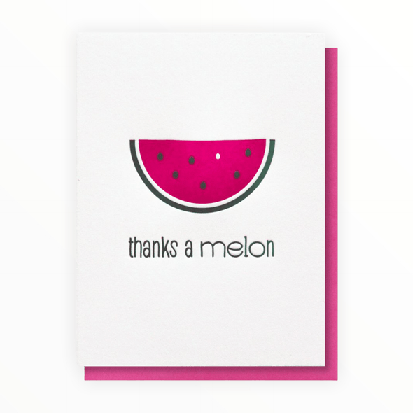 Thanks a Melon letterpress thank you card by Kiss and Punch, black and hot pink design, razzleberry envelope, 5.5 x 4 inches