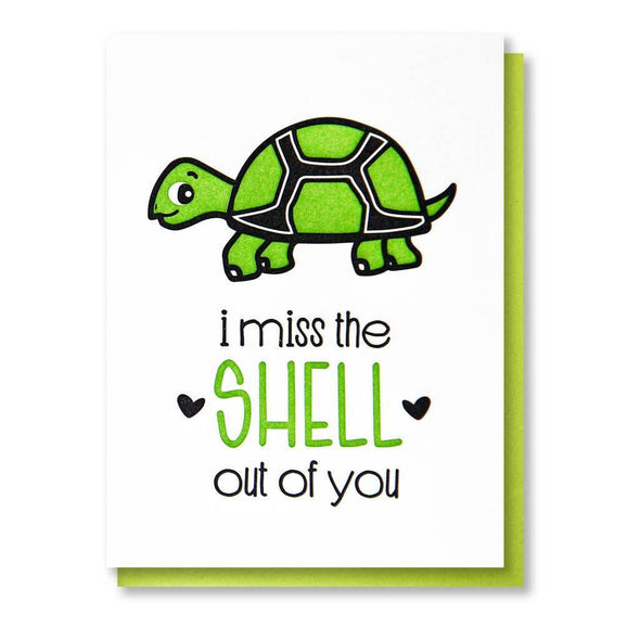 I Miss the Shell Out of You letterpress card by Kiss and Punch, avocado green and black design, light green envelope, 5.5 x 4 inches