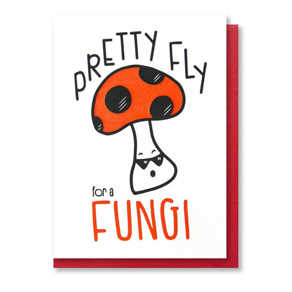 Pretty Fly for a Fungi letterpress card by Kiss and Punch, red and black design, red envelope, 5.5 x 4 inches