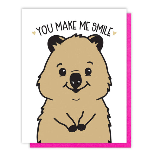 You Make Me Smile Quokka letterpress card by Kiss and Punch, brown and black design, neon pink envelope, 5.5 x 4 inches