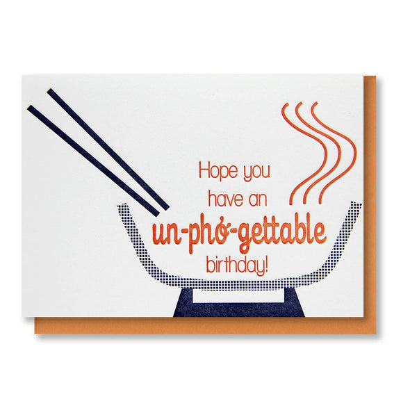Un-Pho-Gettable birthday letterpress card by Kiss and Punch, brown envelope, 3.5 x 5 inches