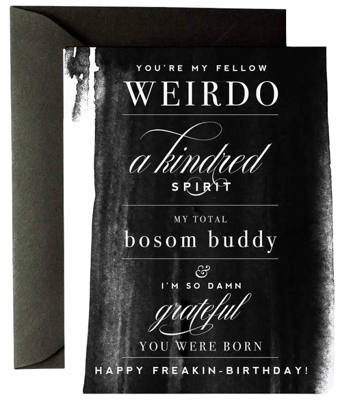 You're My Bosom Buddy birthday card by Kitty Meow Boutique, black watercolor design, blank interior, black envelope, 4.25 x 5.5 inches