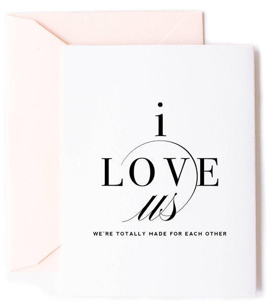 I Love Us love card by Kitty Meow Boutique, blank interior, blush envelope, 4.25 x 5.5 inches