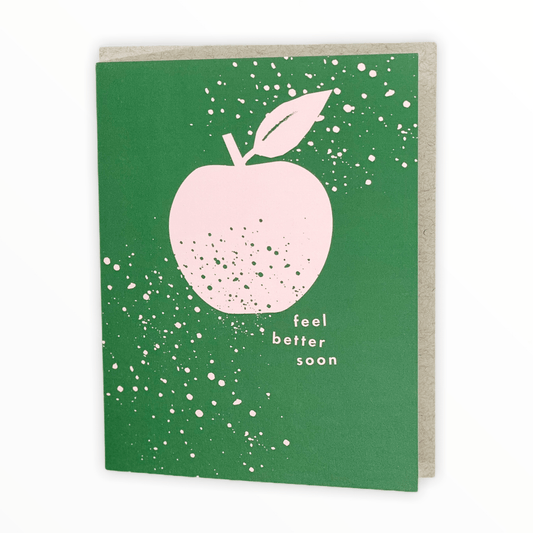 An Apple a Day Feel Better Soon get well card by Knot & Bow, blank interior, recycled brown kraft envelope, 4.25 x 5.5 inches