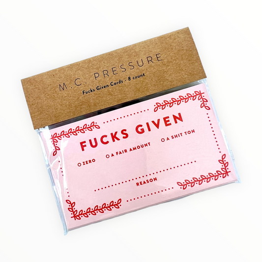 F*cks Given Cards by M.C. Pressure, red letterpress on pink paper, zero a fair amount or a shit ton, pack of 8, 2 x 3.5 inches