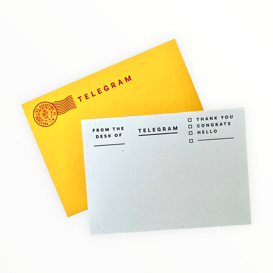 elegram Stationery Set of 6 by M.C. Pressure, dark grey letterpress on white card, yellow postal stamp envelopes, 4.5 x 6.25 inches
