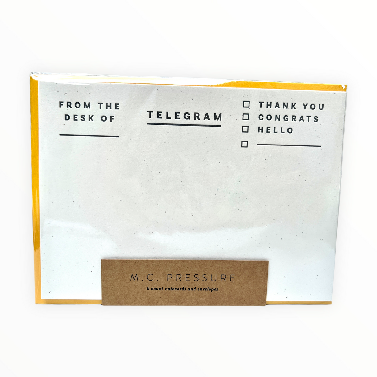 Telegram Stationery Set detail by M.C. Pressure, tick-box design showing Thank you Congrats Hello options