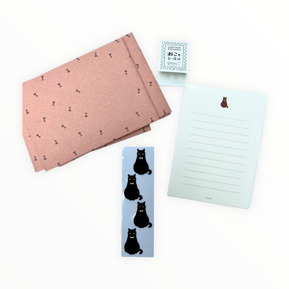 Black Cat Stationery Letterset by Midori, 12 sheets lined ivory paper, 4 envelopes, 4 fuzzy black cat stickers, 4.5 x 6 inches