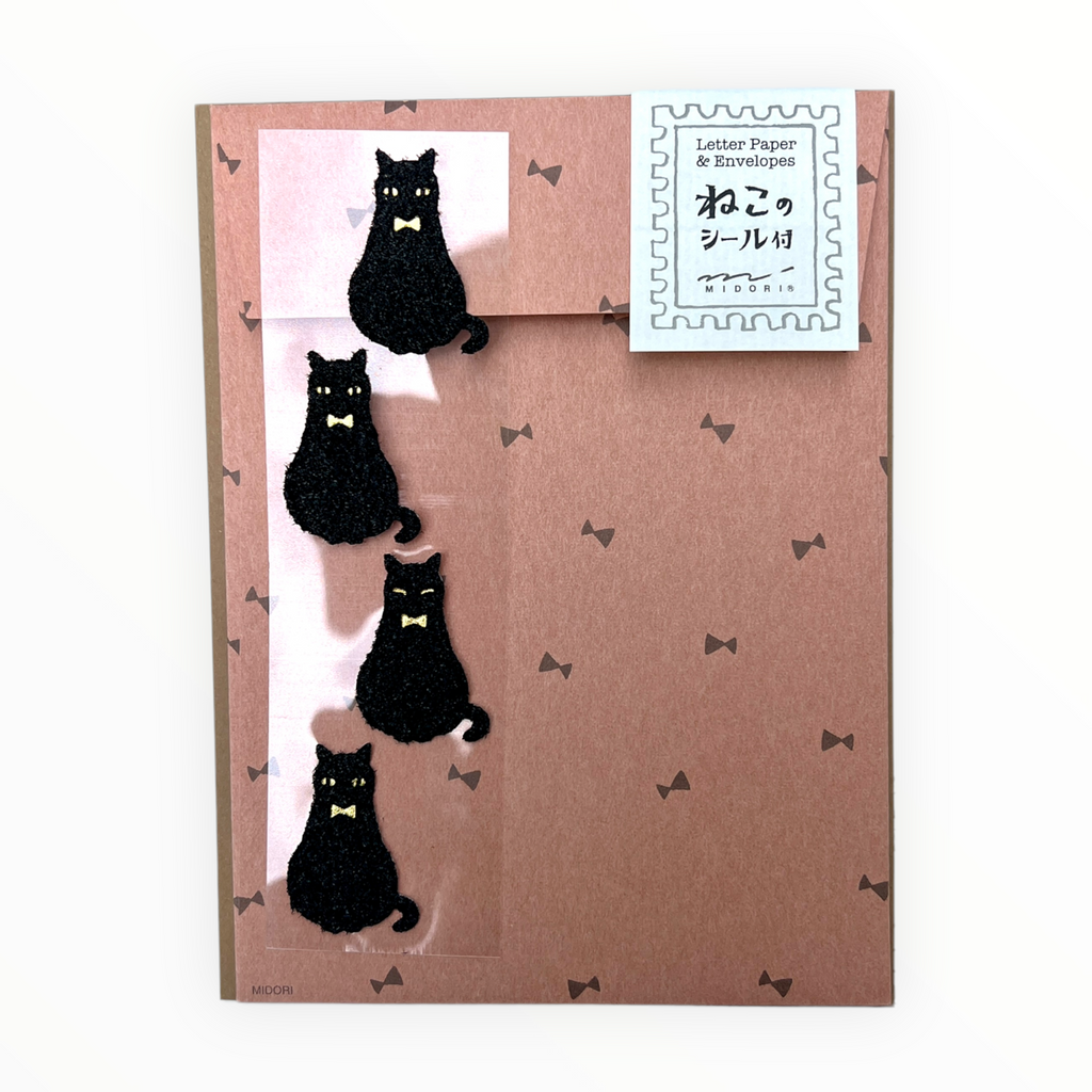 Black Cat Stationery Letterset detail by Midori, fuzzy black cat sealing stickers