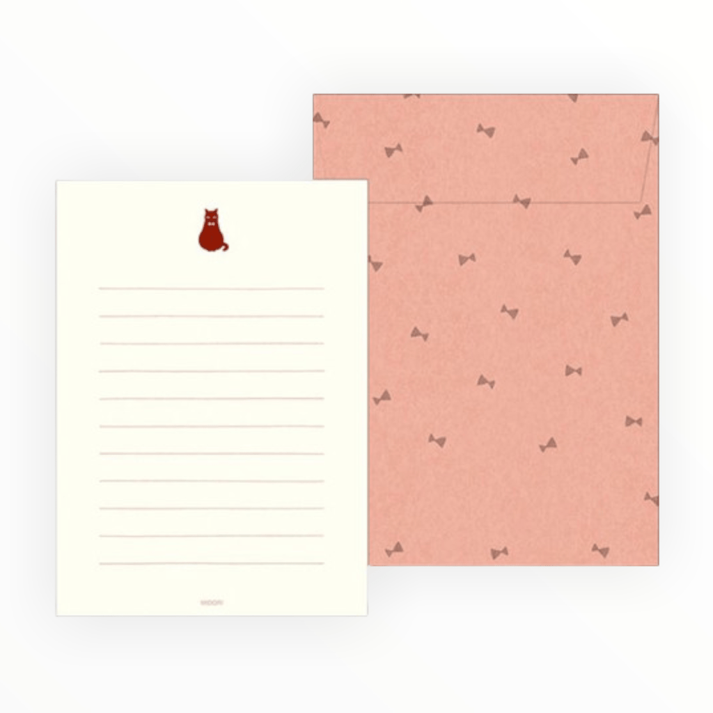 Black Cat Stationery Letterset by Midori, lined ivory paper with cat print at top