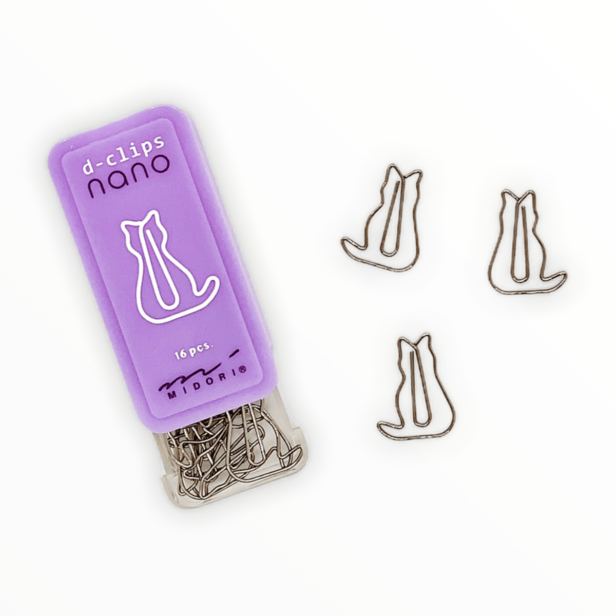 D-Clips Nano cat-shaped paperclips by Midori, purple sliding case