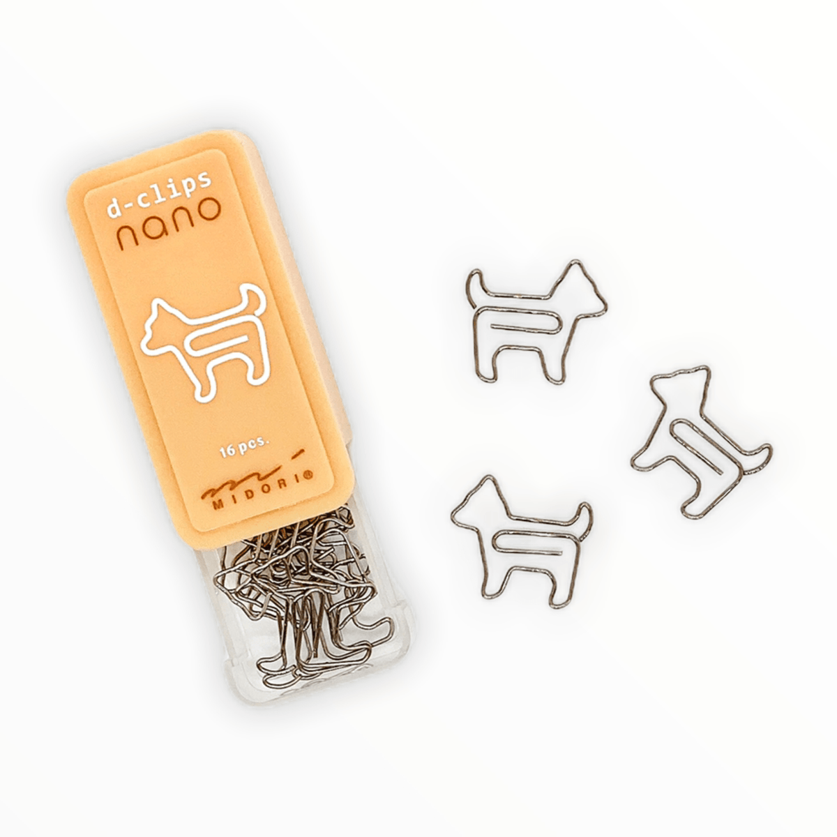 D-Clips Nano dog-shaped paperclips by Midori, peach sliding case