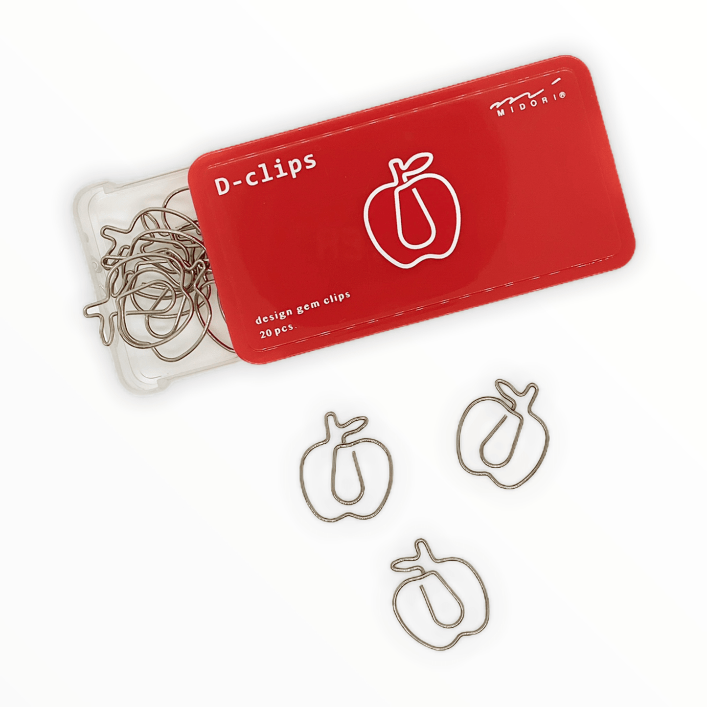 D-Clips apple-shaped paperclips by Midori, mint-style sliding case