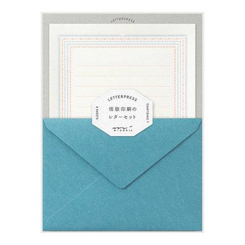 Frame Letter Set Stationery in Blue with Red-Orange by Midori, 8 sheets writing paper and 4 envelopes, 8.9 x 6.7 inches