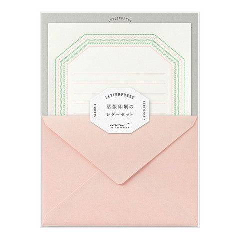Frame Letter Set Stationery in Pink with Green by Midori, 8 sheets writing paper and 4 envelopes, 8.9 x 6.7 inches