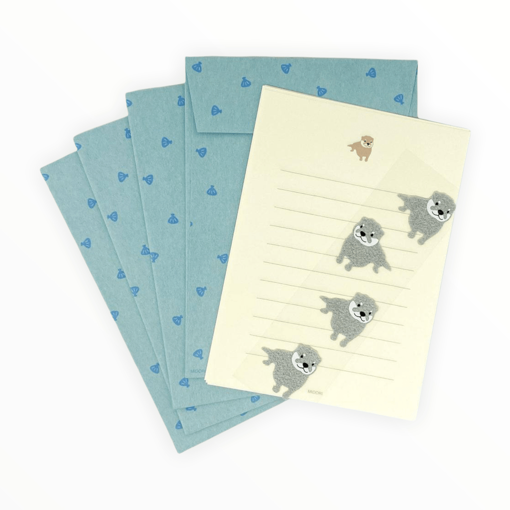 Otter Stationery Letterset detail by Midori, fuzzy gray otter sealing stickers