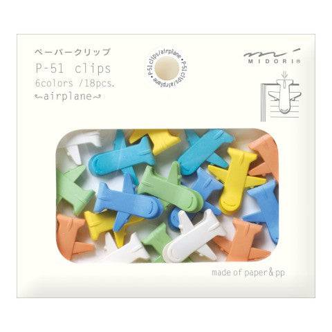 P-51 airplane paper clips by Midori, 18 pieces in 6 colors, made of 51% paper and 49% polypropylene, clamps up to 10 sheets