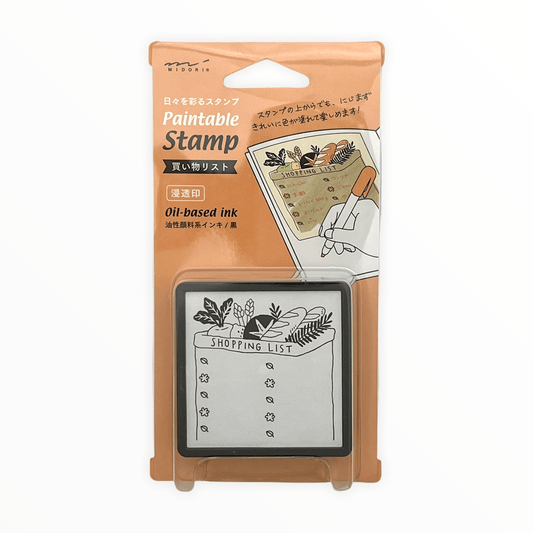 Paintable Shopping List Stamper by Midori, pre-inked with 10 grocery list items, waterproof, good for 1000 impressions, 2.4 x 2.4 x 0.7 inches