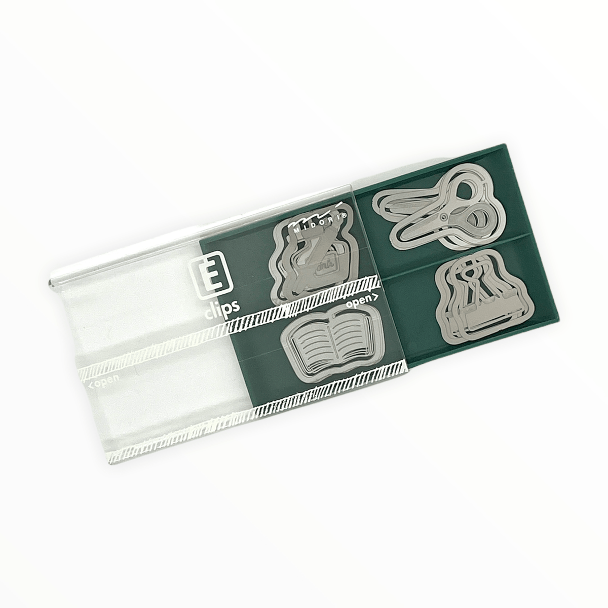 Stationery Etching Clips by Midori, all four clip shapes displayed