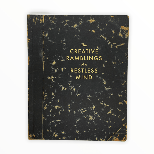 Creative Ramblings of a Restless Mind journal by Mincing Mockingbird, faux vintage cover, 128 blank pages, 7.75 x 9.75 inches