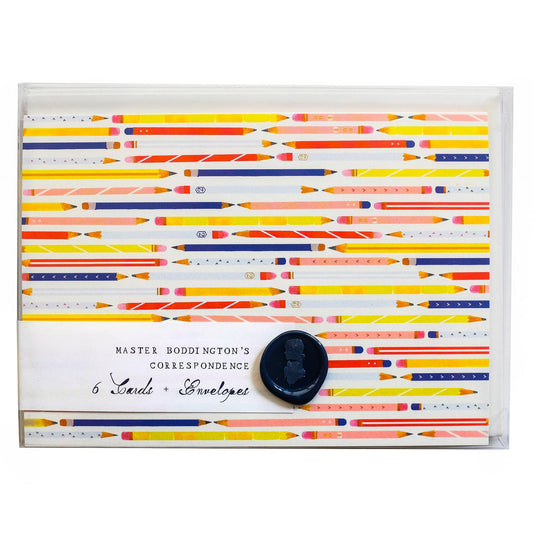 Bring Your Pencils Notecards boxed set of 6 by Mr. Boddington's Studio, folded cards with envelopes, blank interior, 4.5 x 6.25 inches