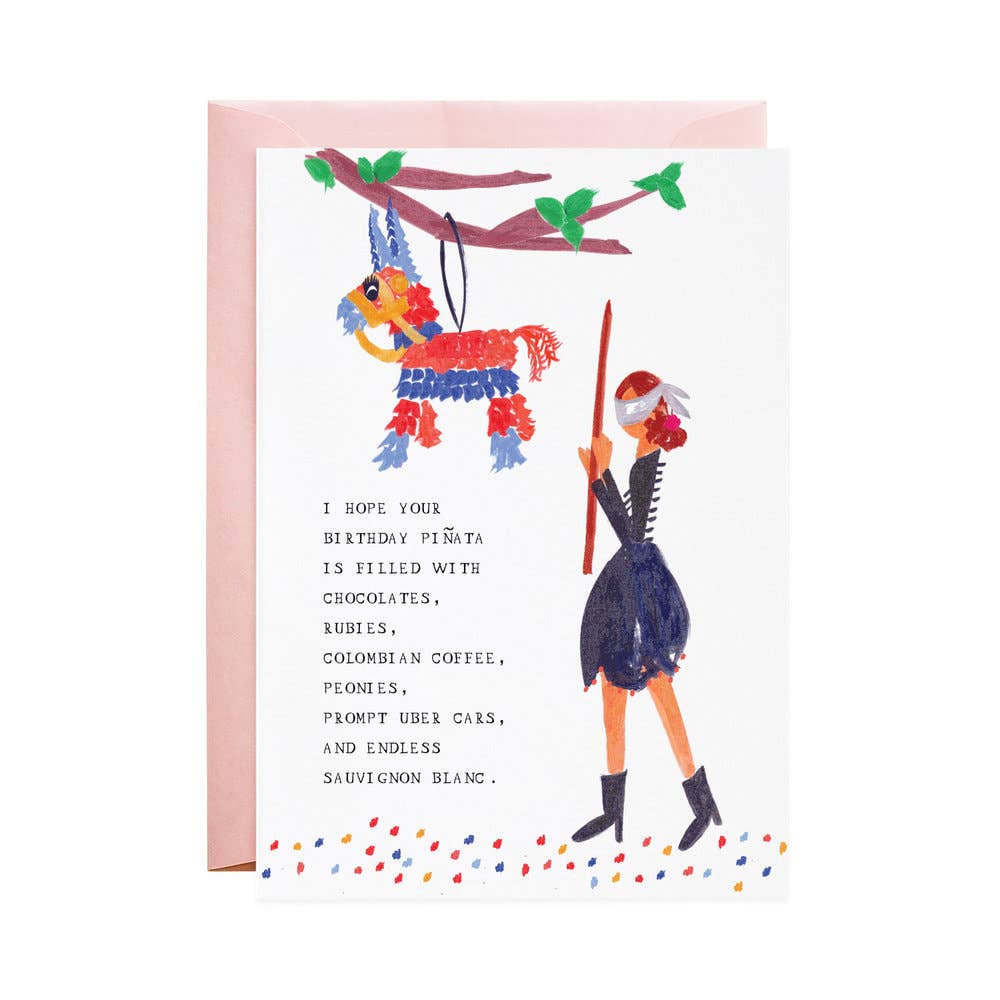 My Birthday Piñata birthday card by Mr. Boddington's Studio, blank interior, pink envelope, 4.5 x 6.25 inches