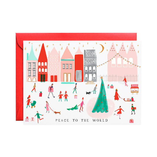 Peace to the World holiday card by Mr. Boddington's Studio, scenes of holiday delight, blank interior, red envelope, 4.5 x 6.25 inches