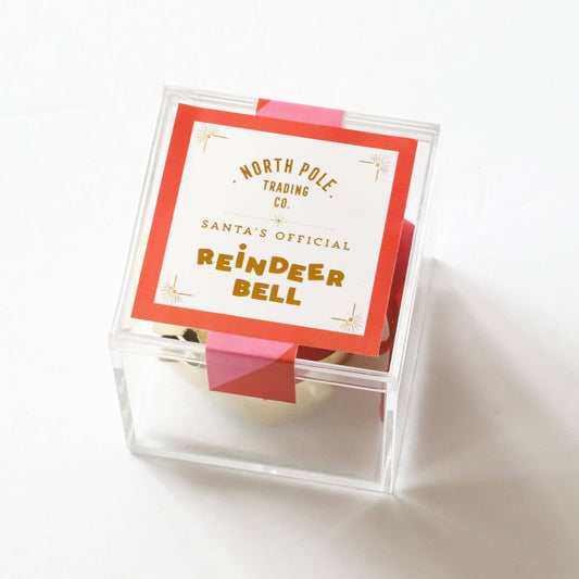 Santa's Official Reindeer Bell by The Penny Paper Co., North Pole Trading Co keepsake, red velvet ribbon, 2.125 inch square box