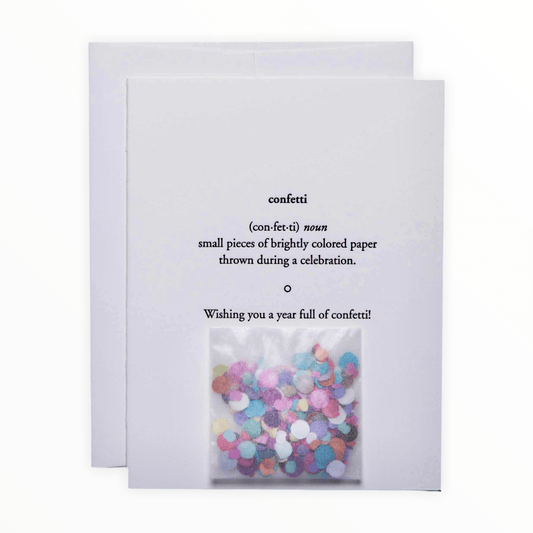 Confetti birthday card by Of Note Stationers, blank interior with colorful confetti packet, matching envelope, 4.25 x 5.5 inches, made in Somerville MA