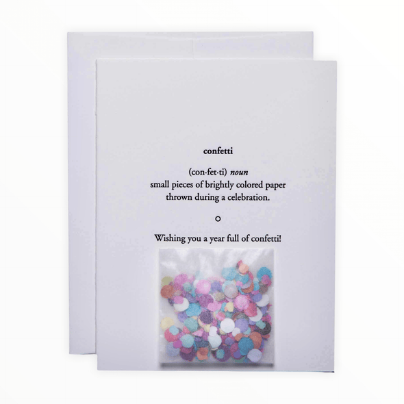 Confetti birthday card by Of Note Stationers, blank interior with colorful confetti packet, matching envelope, 4.25 x 5.5 inches, made in Somerville MA