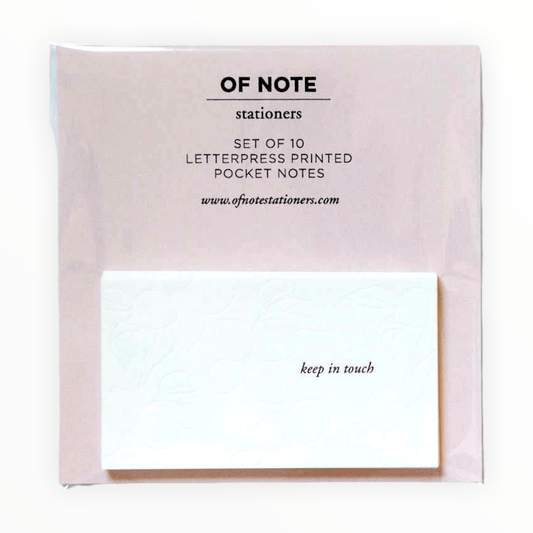 Keep In Touch Pocket Notes by Of Note Stationers, embossed floral pattern, set of 10, business card size, 3.5 x 2 inches, made in Somerville MA