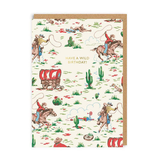 Have a Wild Birthday cowboy birthday card by Ohh Deer, Cath Kidston artwork, blank interior, kraft brown envelope, 4.1 x 5.8 inches
