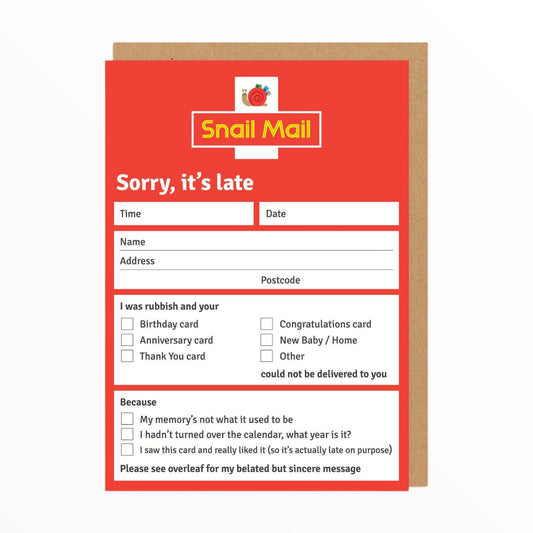 Snail Mail Sorry It's Late belated card by Ohh Deer, blank interior, kraft brown envelope, 4.1 x 5.8 inches