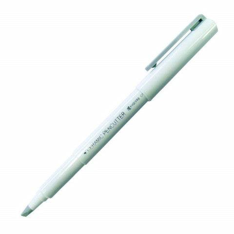 Ceramic Pen Cutter in white by Ohto, pen-style with tiny ceramic cutting blade, looks like a pen when capped