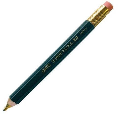 Wooden Mechanical Pencil 2.0mm with eraser in Green by Ohto, thick-type 2mm lead, wide wooden barrel