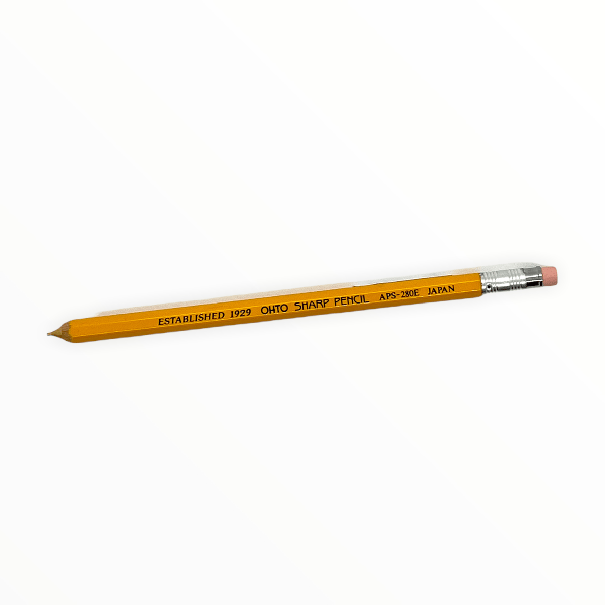 Wooden Mechanical Yellow Pencil by Ohto, classic yellow pencil look, wood outer body with yellow eraser, refillable, 6.5 inches