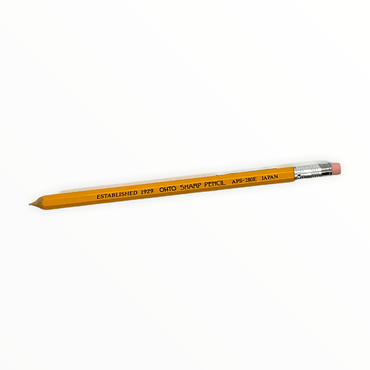Wooden Mechanical Yellow Pencil by Ohto, classic yellow pencil look, wood outer body with yellow eraser, refillable, 6.5 inches