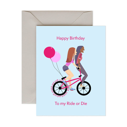 Happy Birthday to My Ride or Die scratch and sniff card by Pancake Paperie, watermelon scent, blank interior, white envelope, 4.25 x 5.5 inches