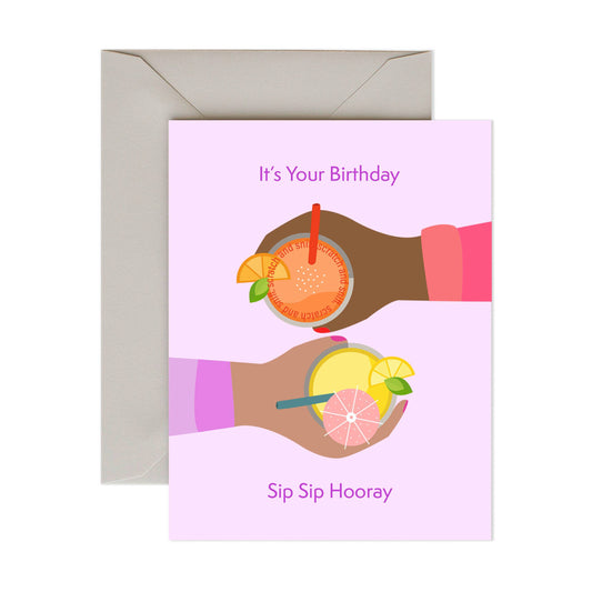 It's Your Birthday Sip Sip Hooray scratch and sniff card by Pancake Paperie, orange scent, blank interior, white envelope, 4.25 x 5.5 inches