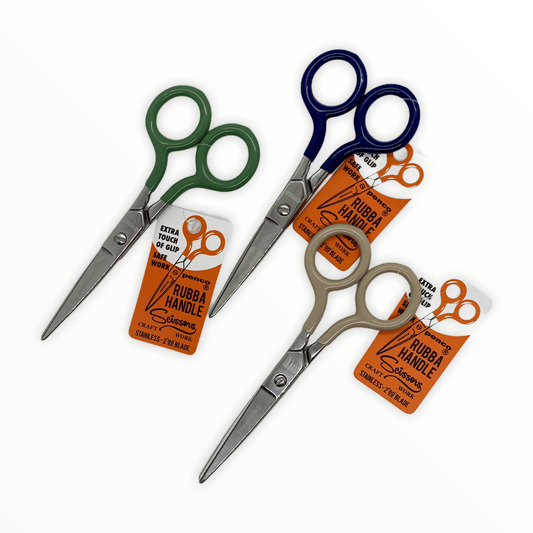 Rubba Handle Scissors by Penco, retro-style stainless steel, available in Ivory Green and Navy, 5 inches