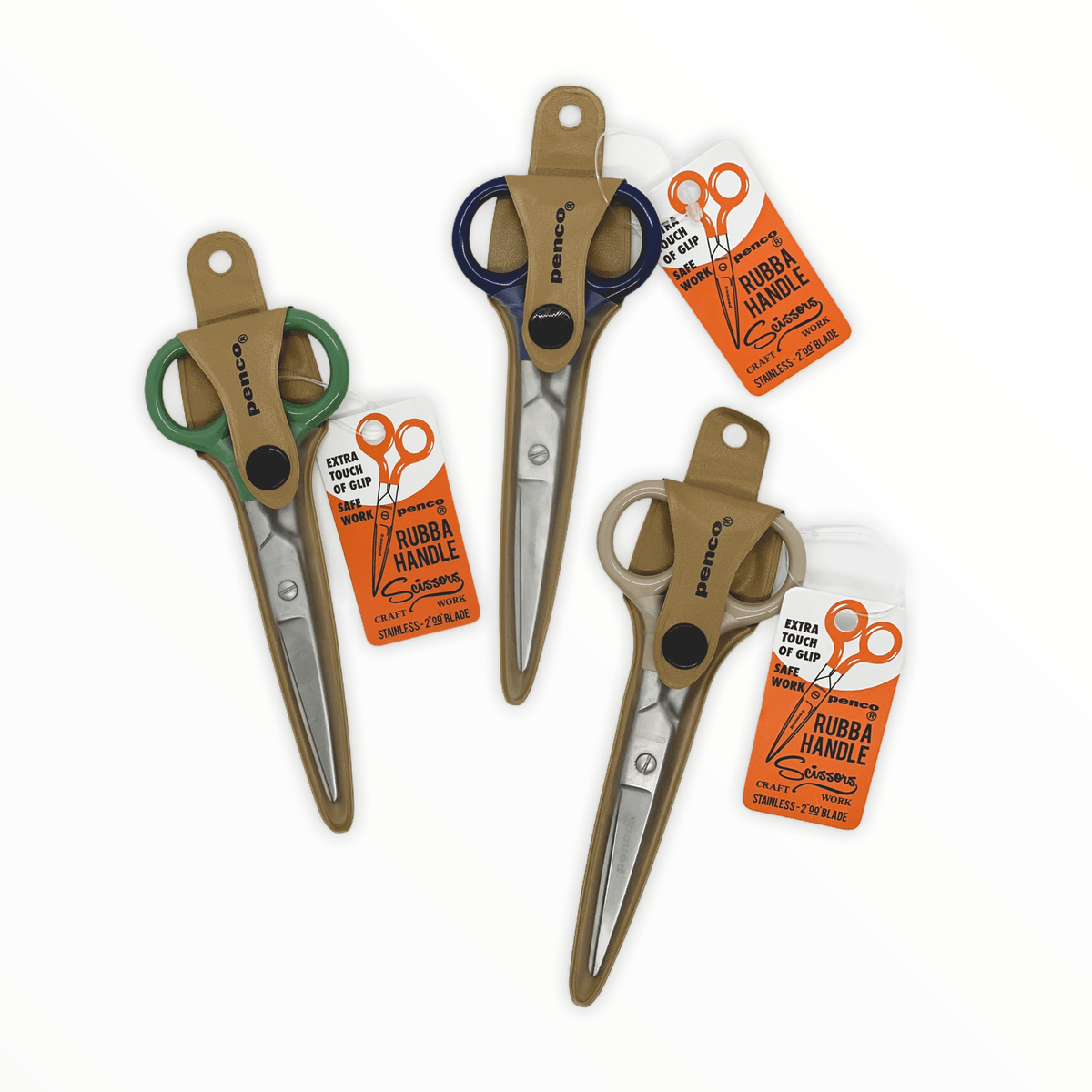 Rubba Handle Scissors by Penco, all three color variants displayed