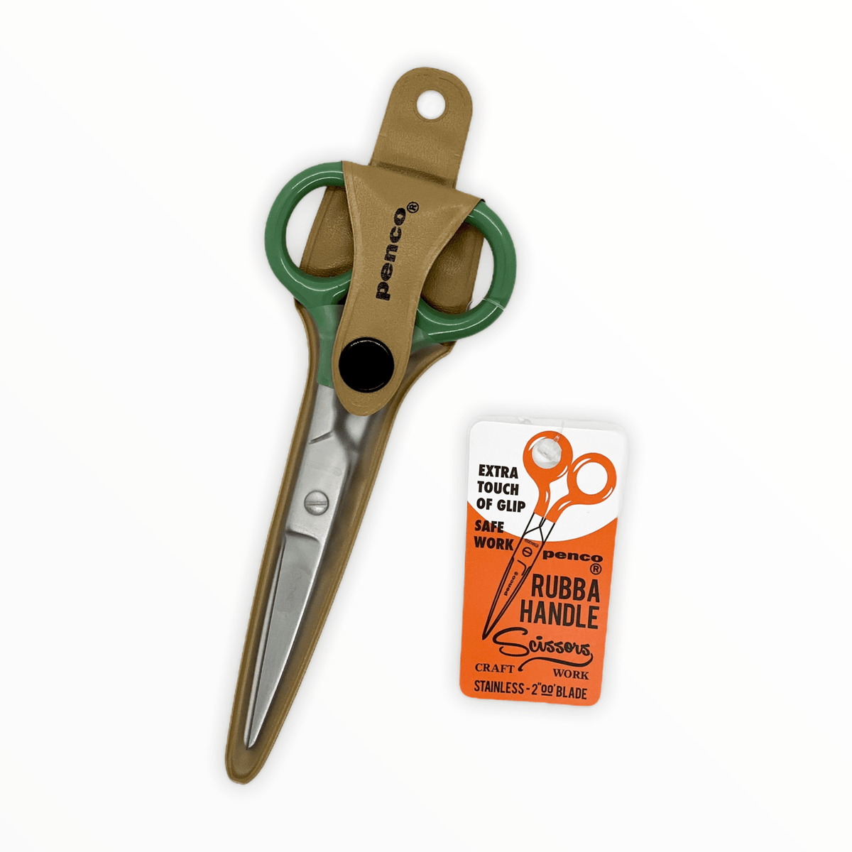 Rubba Handle Scissors in Green by Penco, retro-style stainless steel, 5 inches